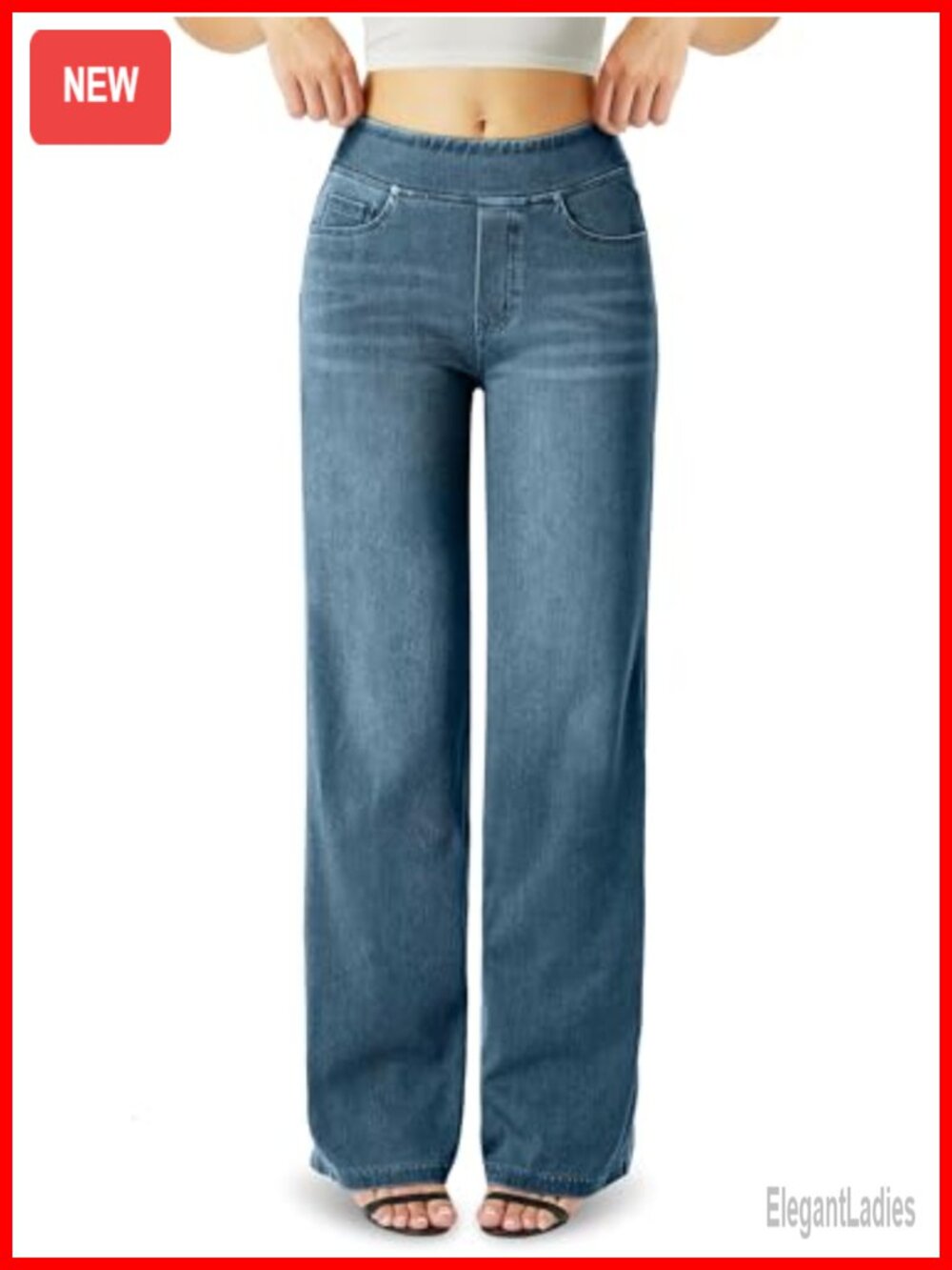High Waisted Wide Leg Stretch Knit Denim Jeans with Pockets